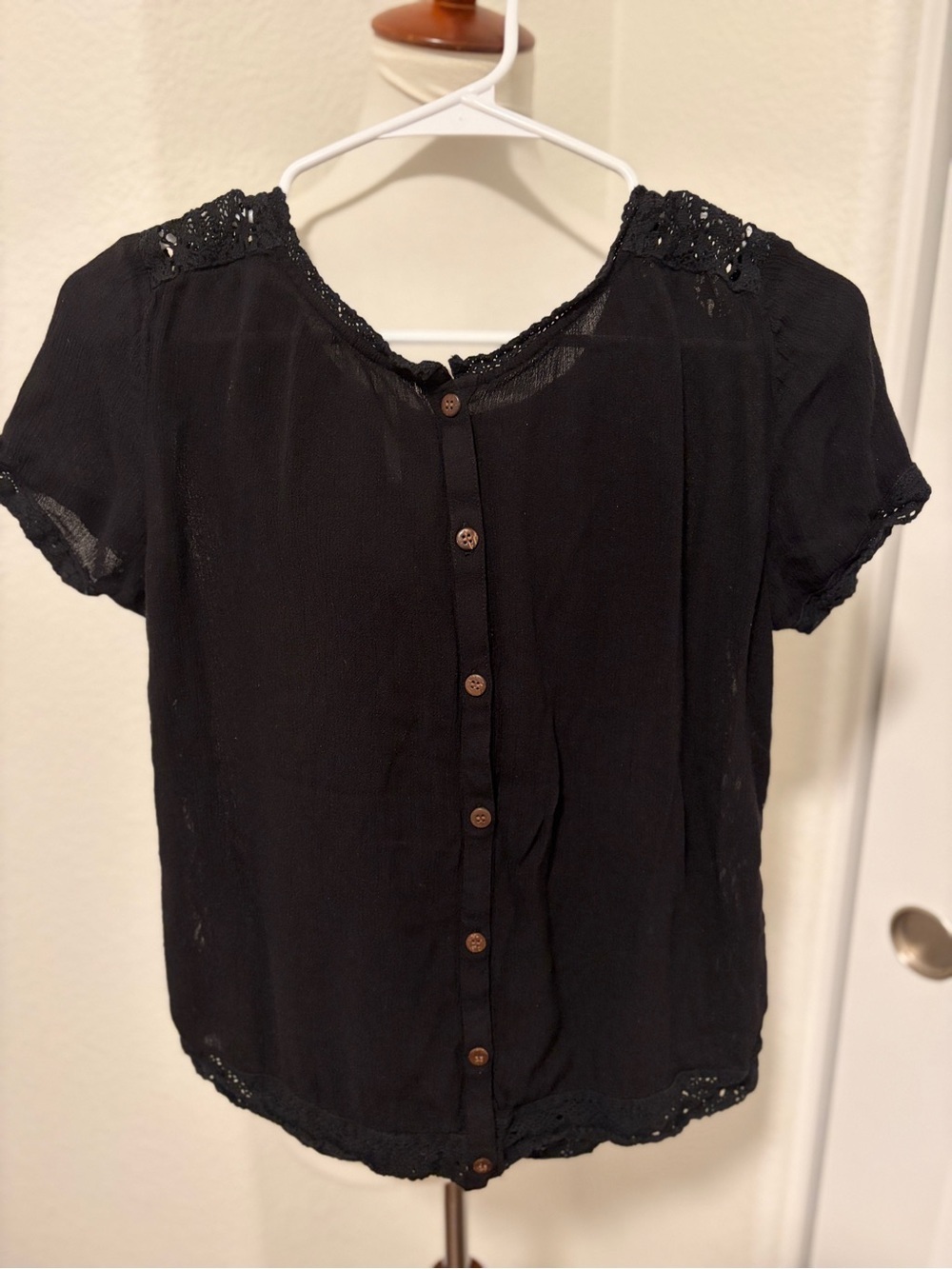 Free People Black Short Sleeve Blouse with Purple Floral Embroidery - Picture 2 of 4